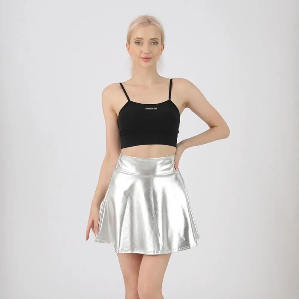 

Elegant Metallic Pleated Skirt Gold Silver Flared Design A-line Short Skirt Elastic Solid Color Girls Short Mini Skirt