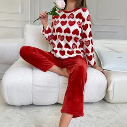 Autumn and Winter New Women's Warm Pajamas Homewear Suit Thickened Red Facecloth Long-Sleeved Long Pants Leisure Home Suit