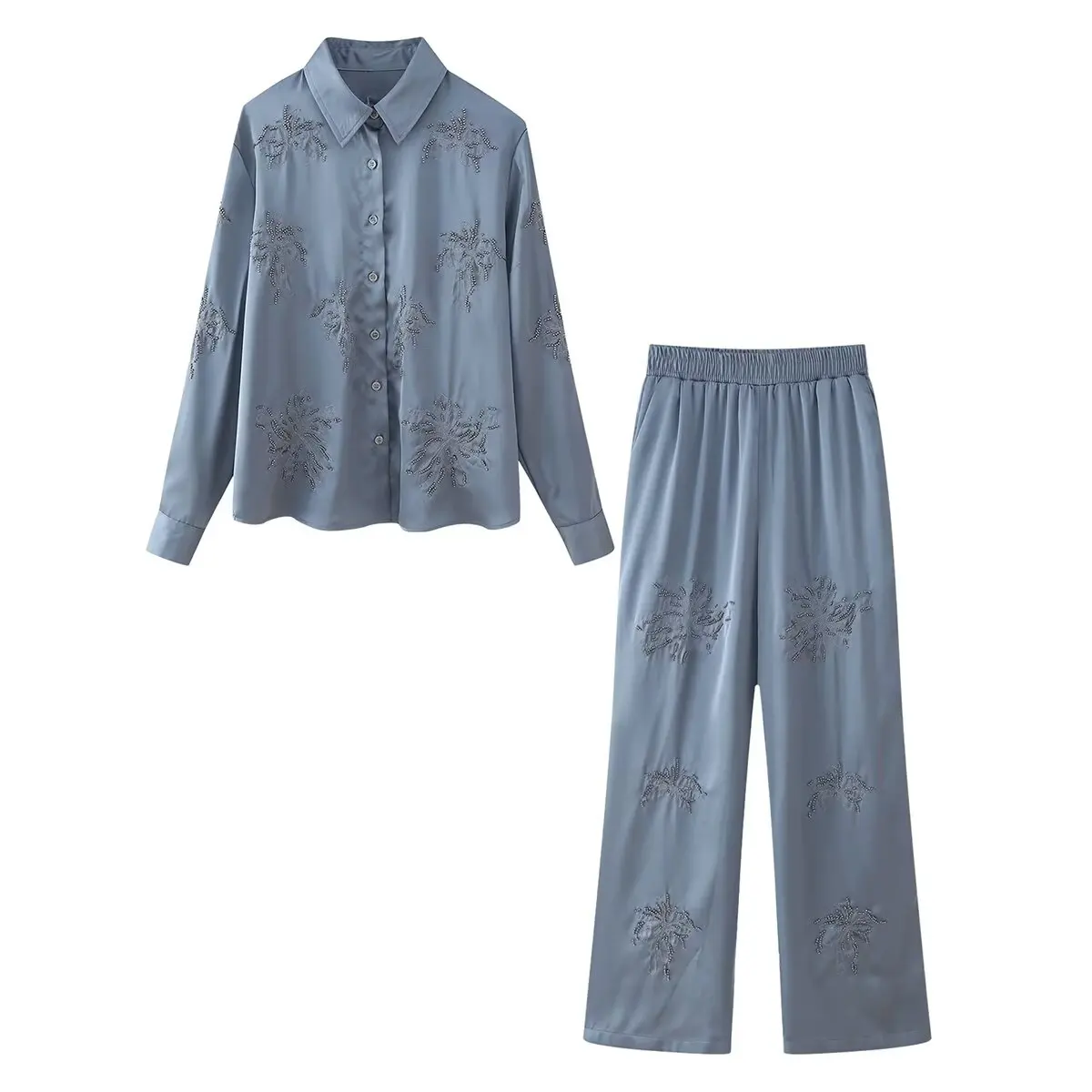 

Beading Embroidery Shirt Women Casual Loose Single Breasted Turn-down Collar Blouse 2025 New Summer Spring Office Lady Solid Top