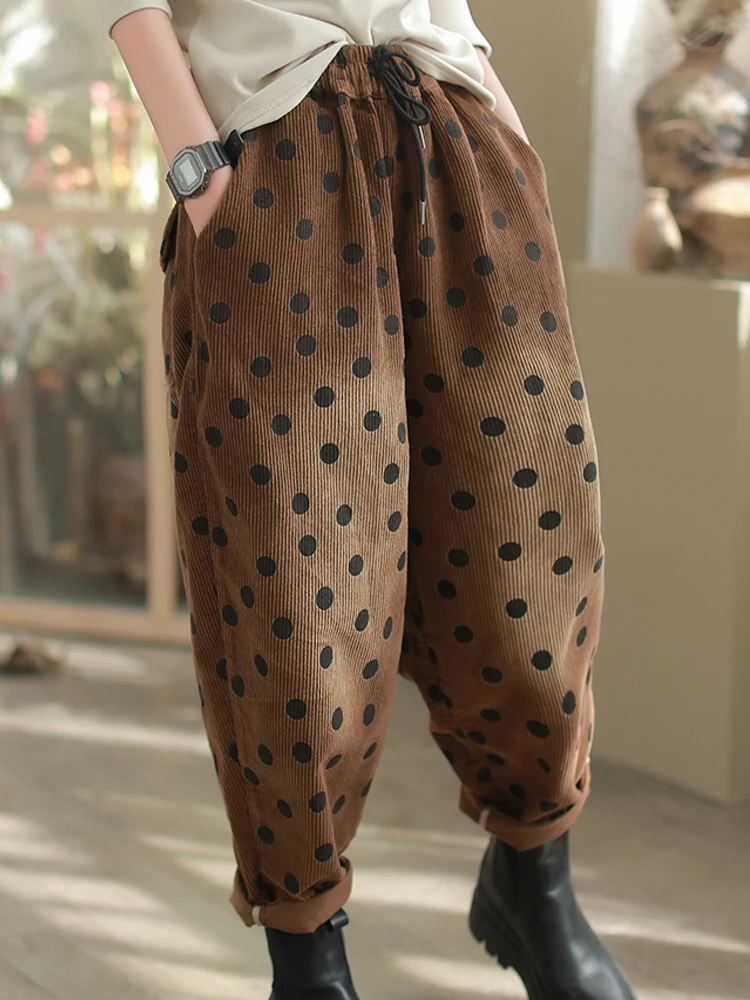 Amax LuluE 2026 Winter Damen Koreanische Mode Lose Gepunktete Warme Cordhose Damen Verdickte Freizeithose Vintage Klassische Haremshose – Detail 18