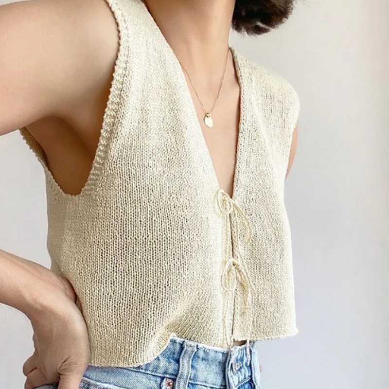 

2023 Summer New Shirt Women's V-Neck Tie Rope Sleeveless Solid Color Tank Knitted Top Women