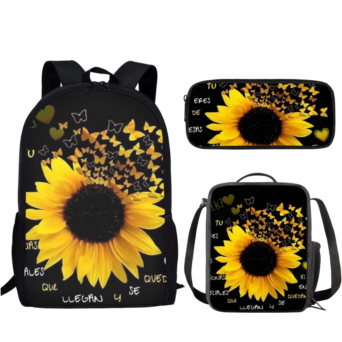 

Sunflower with Butterfly Print 3Pcs School Bag Set for Teenager Girls Boys Backpack Casual Book Bag with Lunch Bag Pencil Bag