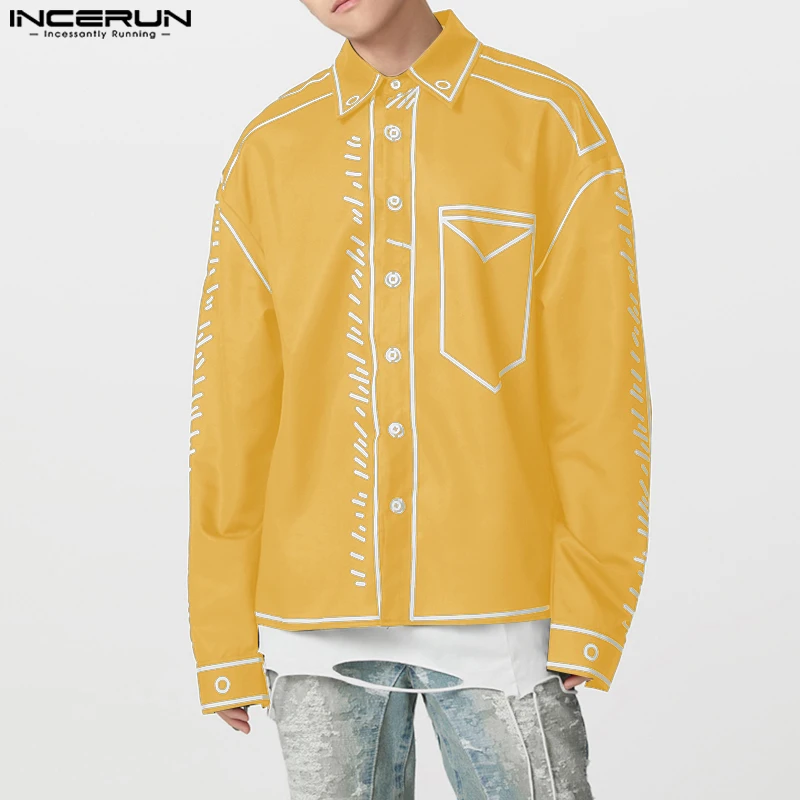 

INCERUN Men Shirt Printing Lapel Long Sleeve Casual Loose Men Clothing Koran Style Streetwear 2025 Fashion Tops Male Shirts