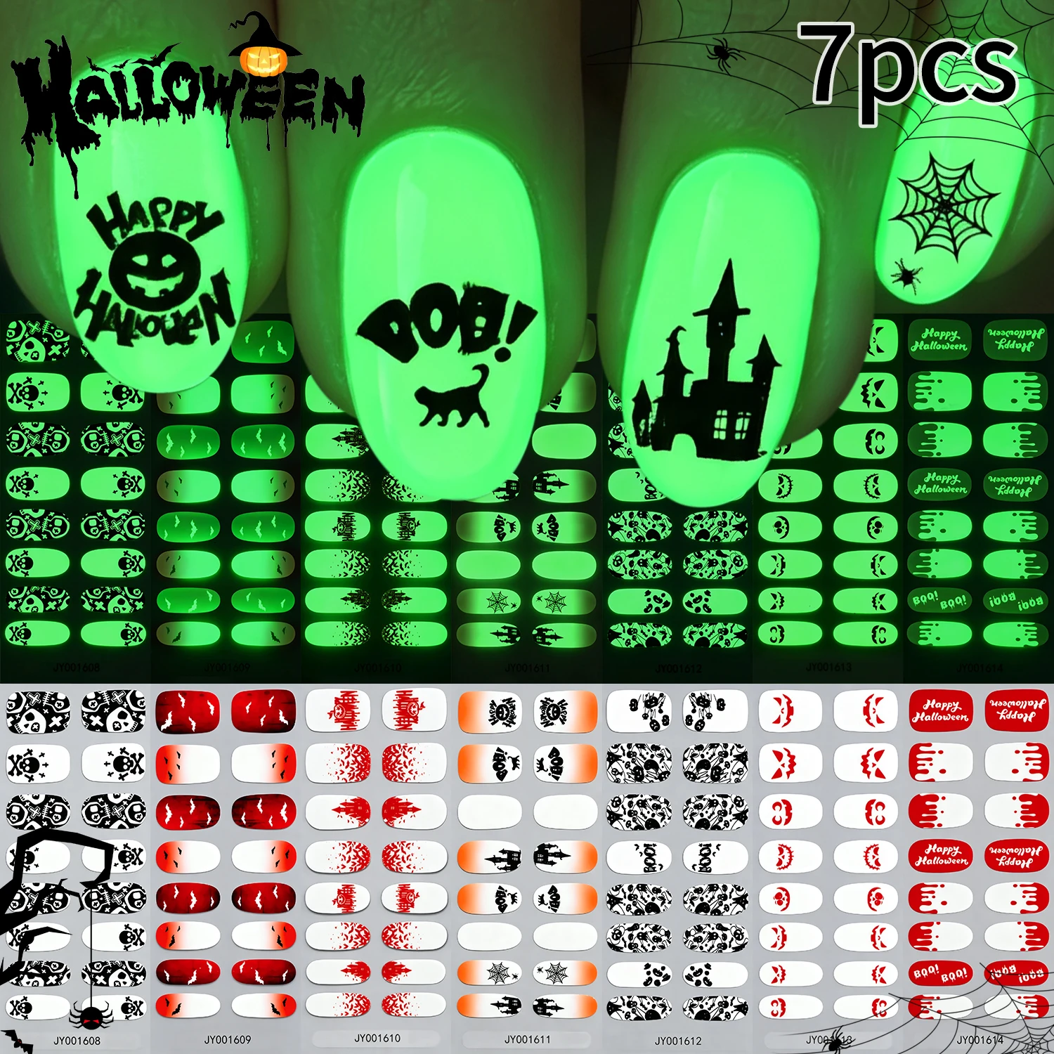 7Pcs Halloween Luminous Nail Wrap Castle Black Cat Spider Web Letter Design Full‑cover Nail Polish Stickers DIY Holiday Nail Art