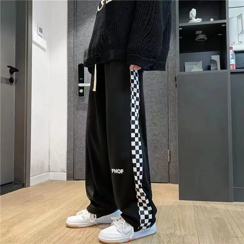 

2025 Summer Fashion Men's Casual Motion Pants Straight Leg Trousers Long Trousers Versatile Grid Men Jogger Trend Streetwear