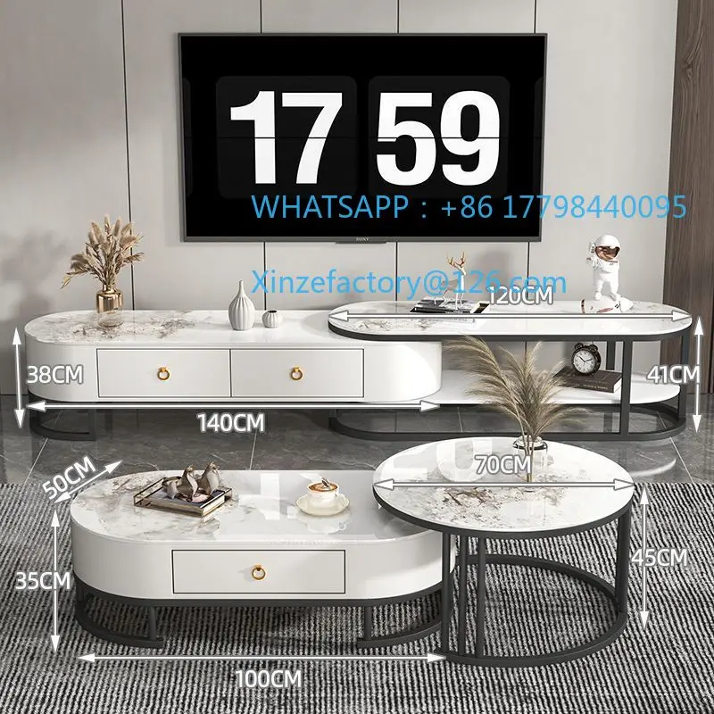 

Customizable light luxury coffee table TV cabinet combination bright rock slab small apartment retractable and simple