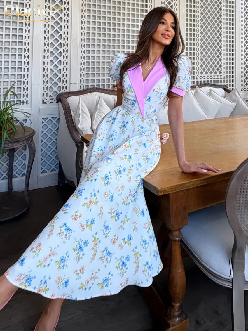 Clacive Modisches, schmales, bedrucktes Damenkleid, Sommerkleid mit Revers, kurzen Ärmeln, knöchellang, elegantes, klassisches Patchwork-Kleid für Damen