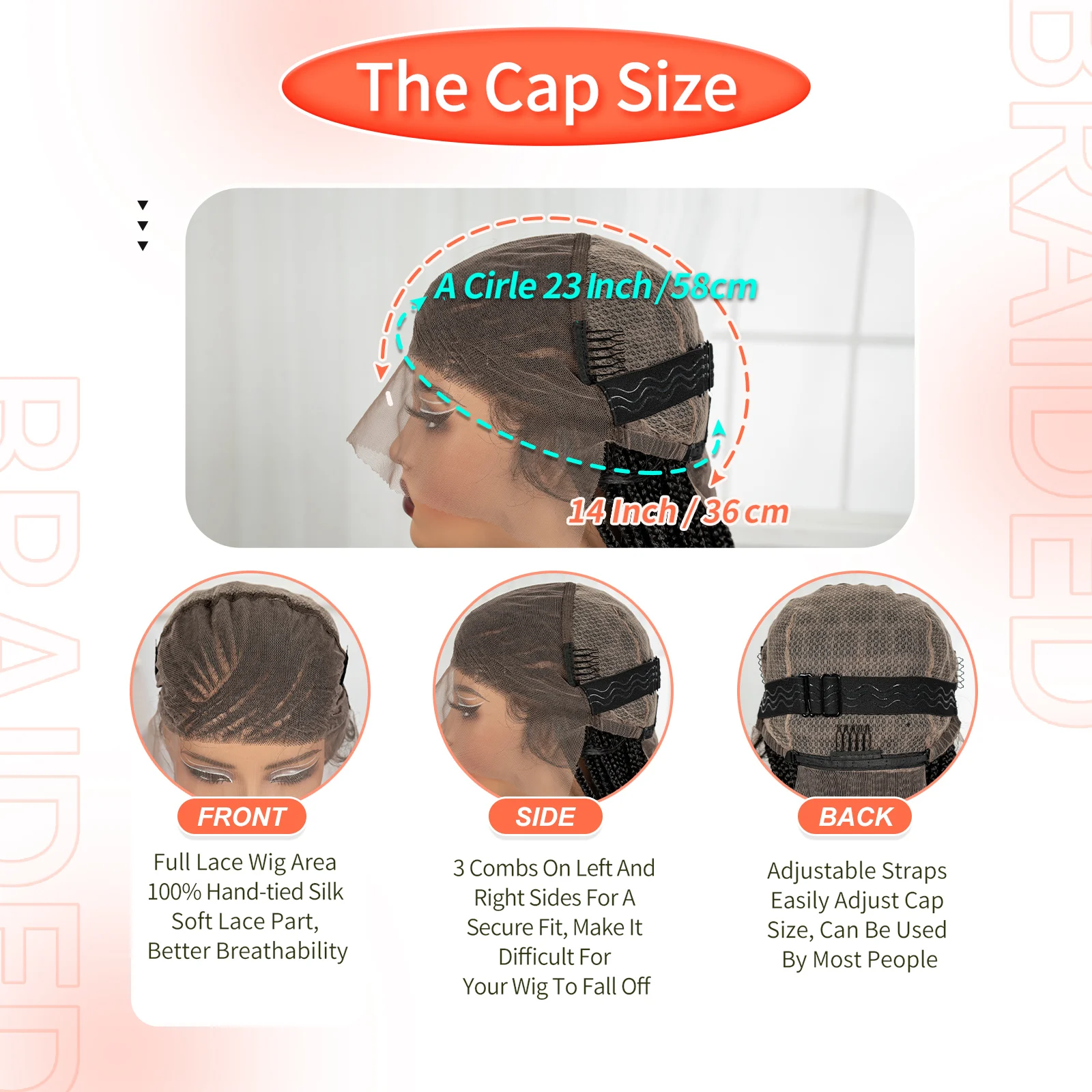 Wig Kepang Cornrow 34 Inci, Wig Renda Sintetis Alami dengan Rambut Bayi, Wig Kepang Tanpa Simpul untuk Wanita Kulit Hitam