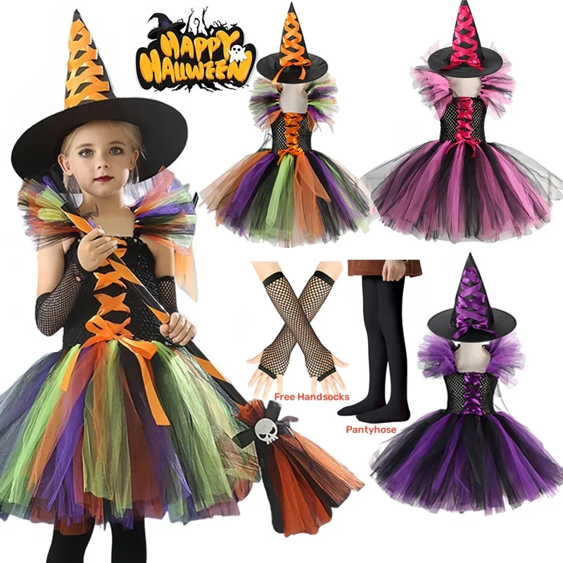 2024 Disguise Witch Costume for Girls Halloween Tutu Knee Dress with Hat Broom Pantyhose Kids Carnival Cosplay Party Outfit Set