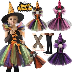 2024 Disguise Witch Costume for Girls Halloween Tutu Knee Dress with Hat Broom Pantyhose Kids Carnival Cosplay Party Outfit Set