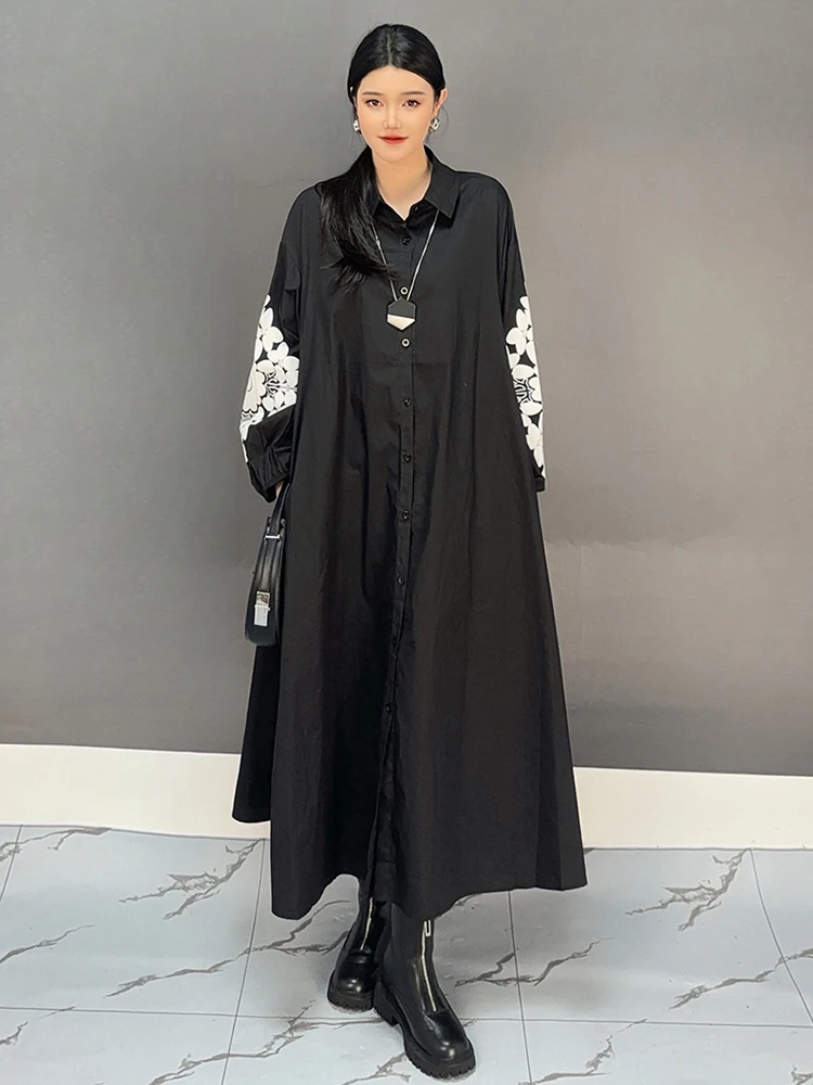 SHENGPALAE Lapel Embroidery Long Dresses Women Casual Lapel Single Breasted Loose New 2024 Temperament Female Clothing 5C1652