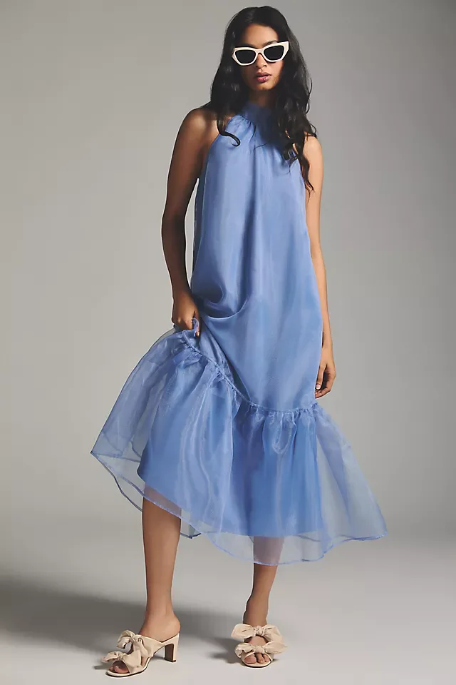 Fashion Dusty Blue Organza Mid Calf Women Dresses Halter Bow A-line Grils Summer Dress Date Party Dress