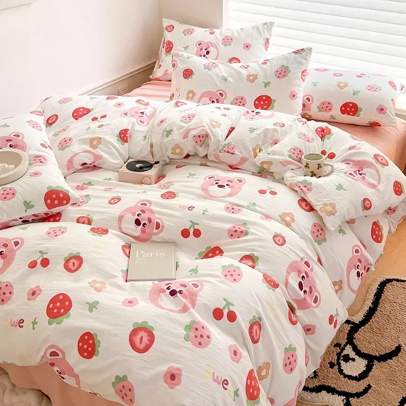 Class A Double Layer Yarn Four Piece Bedding Set Cartoon Cute Bed Sheet Quilt Set Fitted Sheet Cotton Linen Four Piece Set