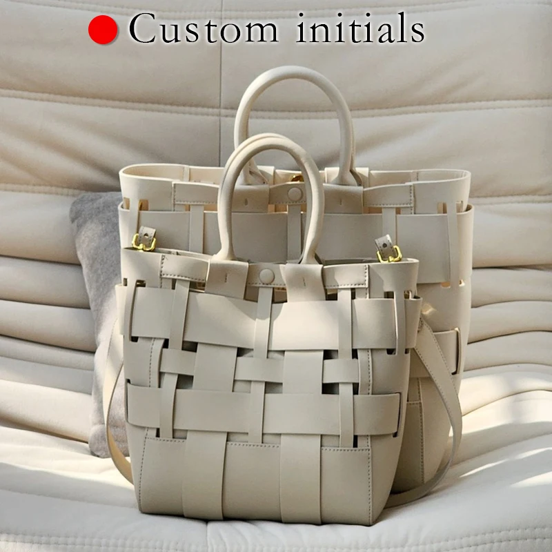 Custom Initials Genuine Leather Tote Bags For Women Luxury Designer Handbags Purses 2025 New In Cowhide Braided Hollow Shoulder