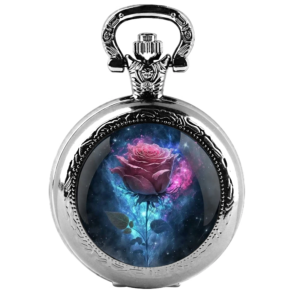 Orologio da tasca al quarzo nero con cupola in vetro rosa rosa con quadrante con numeri arabi e catena resistente, regalo retrò per uomo e donna