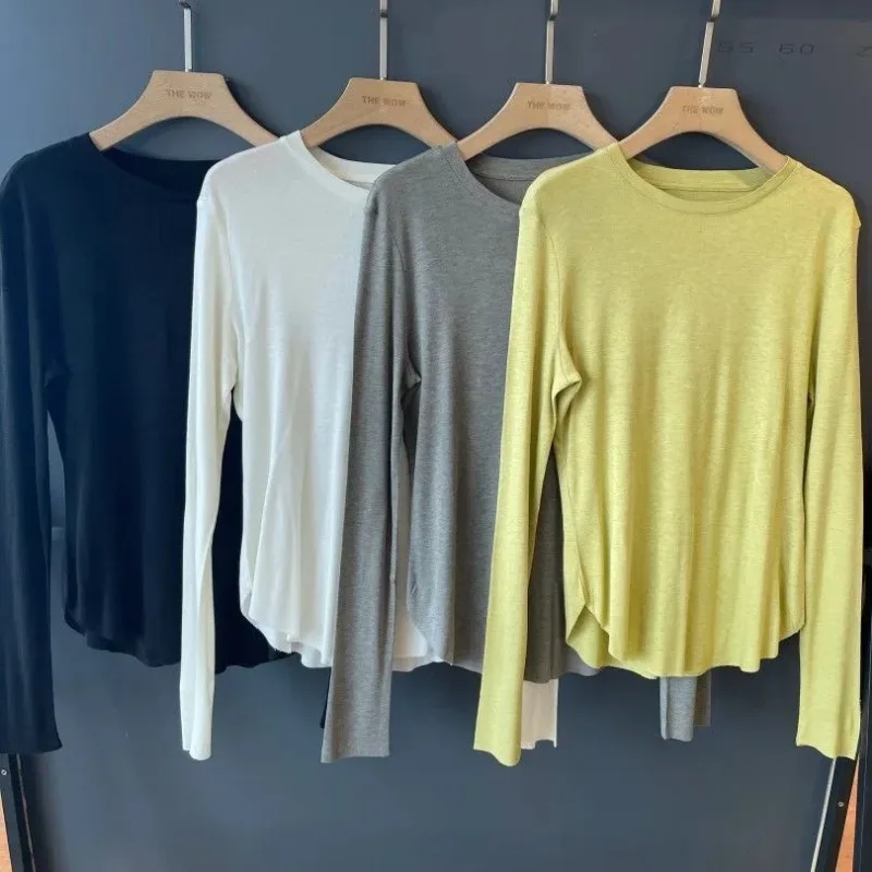 Mask Bottoming Shirt Long-sleeved T-shirt for Women in Autumn Loose Slimming Right Shoulder Layering Splicing Top Clothes