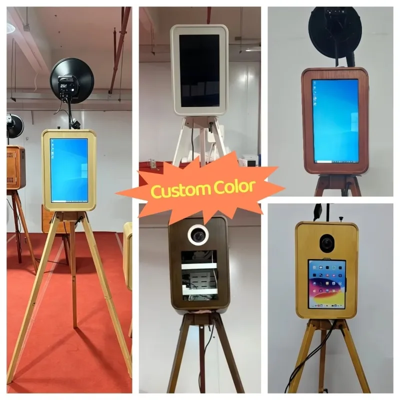 Portable Retro Wooden Photo Booth Double-Sided Touch Screen DSLR iPad Selfie Mirror Photobooth for Wedding Rental Party Events