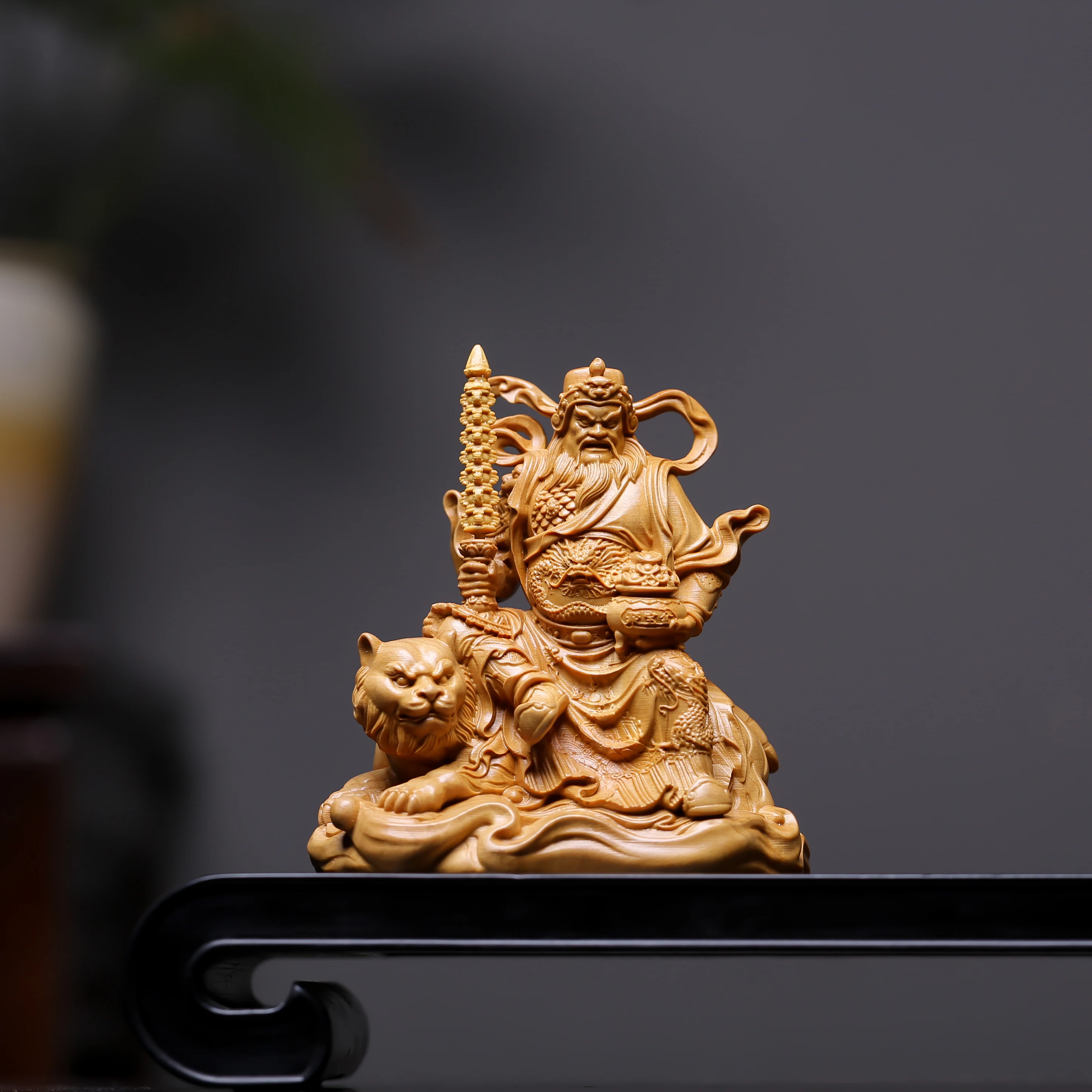 Authentic lobular boxwood carved tiger riding god of fortune ornament home decoration craftsmanship