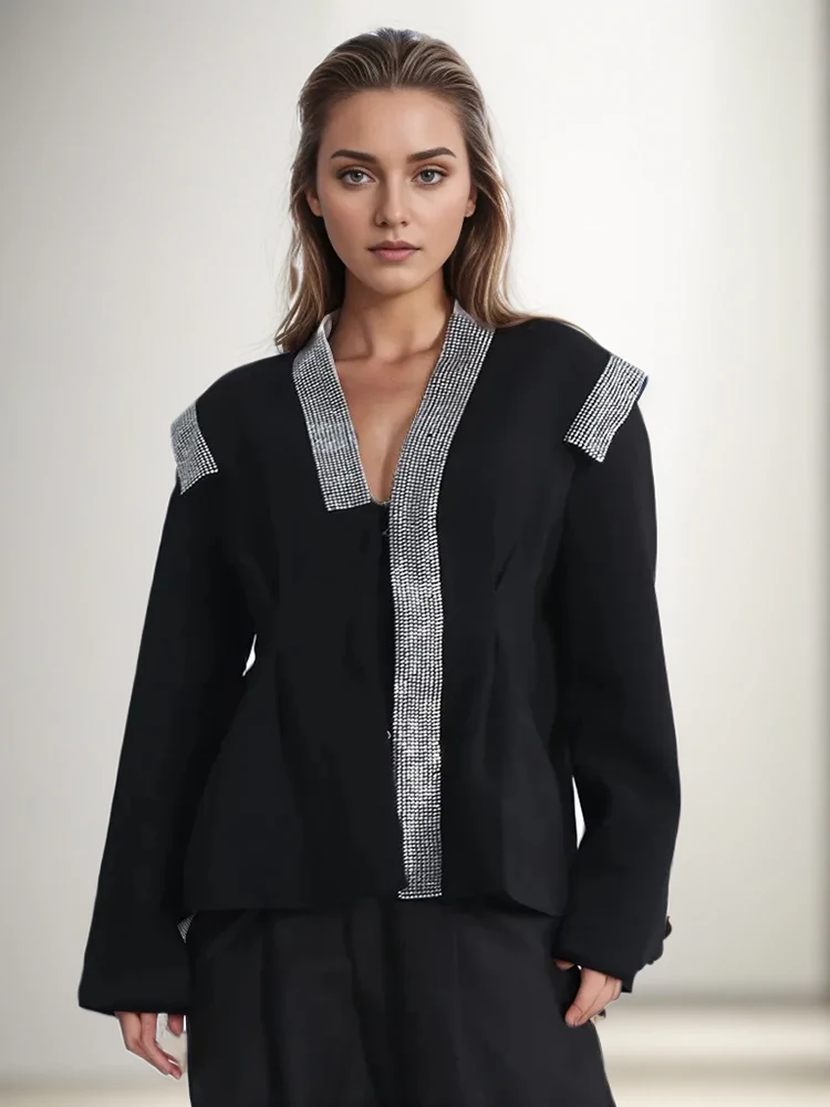 

Solid Patchwork Diamond Blazer For Women V Neck Long Sleeve Tunic Temperament Blazers Female Fashion Clothes New
