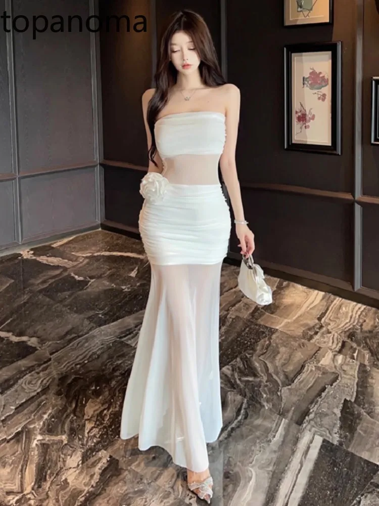 

Topanoma Evening Dresses Women Wedding Party Sexy Strapless Flowers Mesh Patchwork Backless Slim Elegant Cocktail Banquet Dress