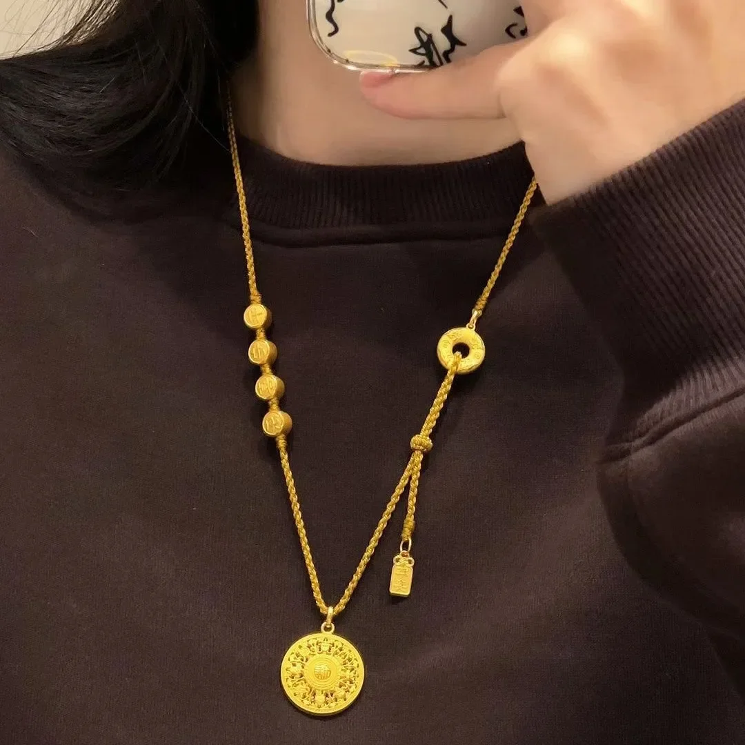 

9999 24K real gold Eight treasures Compass Peace Joy pendant Braided rope Peace buckle flower silk necklace sweater chain