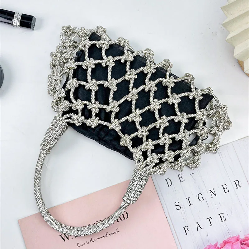 Women New Hollow Out Diamond Tote Bag,Luxury Glitter Diamond Rope Evening Bag Ladies Woven Handmade Wedding Party Purse Handbag