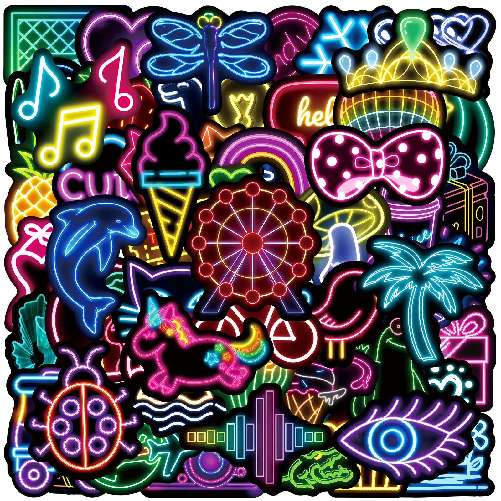 Pacote com 50 Adesivos de Graffiti Neon Divertidos e à Prova d'Água para Laptops, Skateboards, Celulares, Malas e Capacetes