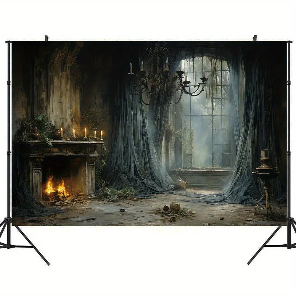 Halloween photography background, abandoned castle fireplace background, eerie indoor pranks or entertaining families