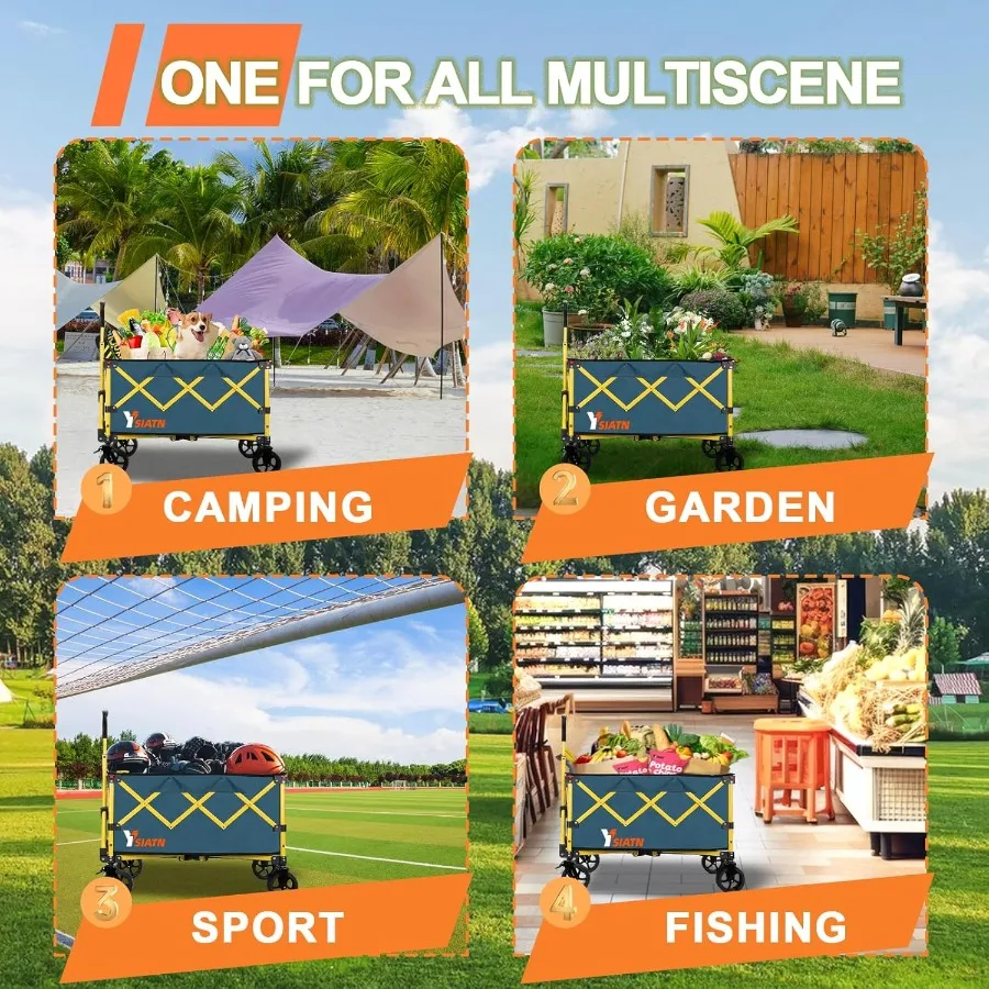 Collapsible Wagon Cart with Brake Foldable Wagon Cart with All Terrain Wheels Large Grocery Carts On Wheels Heavy Duty Utility