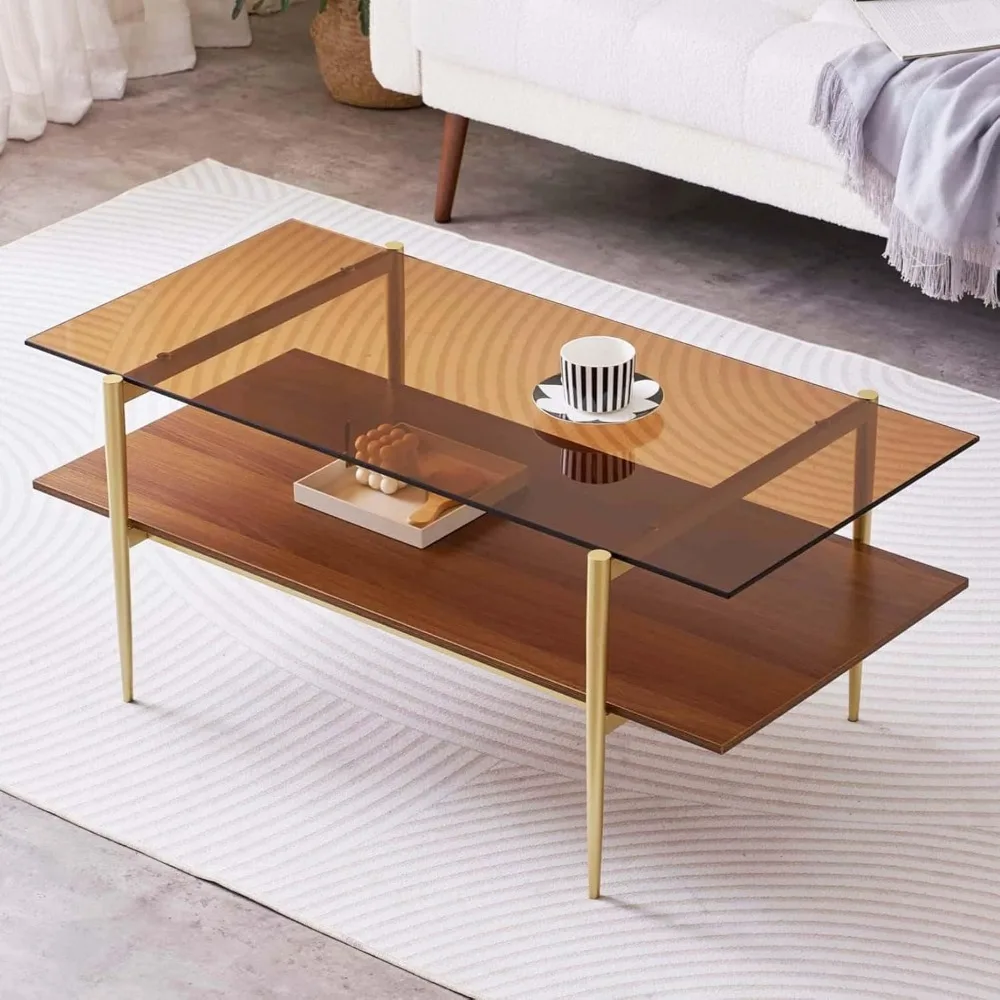 

Coffee Table, Mid-Century Modern Design, L41 W21 x H17, for Living Room, 2-Tier Structure, Amber Glass Top and Walnut