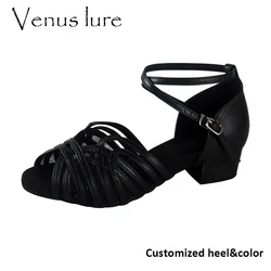 Venus Lure Practice Latin Goat Leather Dance Shoe Black Short Square Heel Thick insole Dance Shoes Genuine Leather Soft Sole