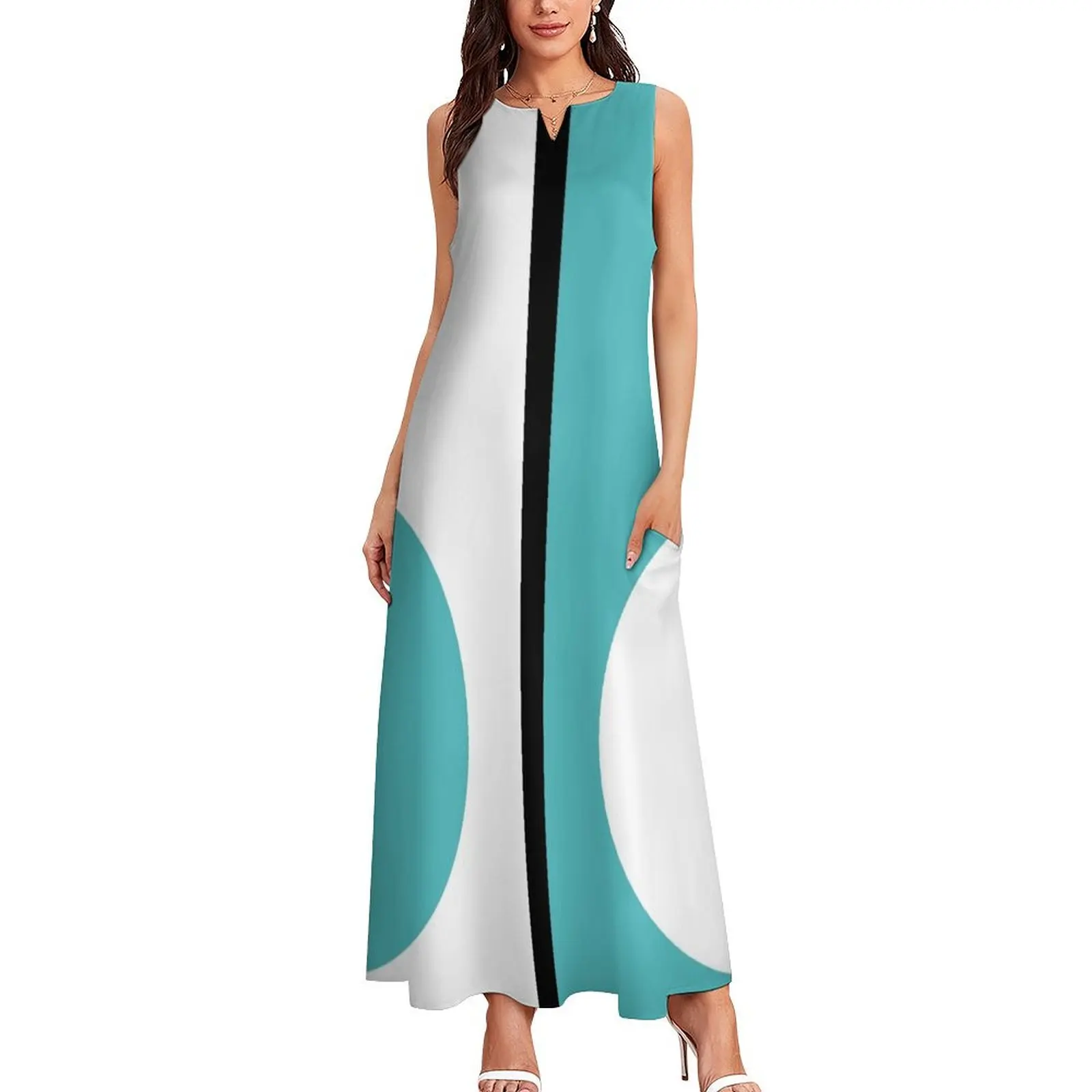 60s Mod Blue Circle Mondrian Long Dress summer dresses ladies 2024 dress women summer summer dresses