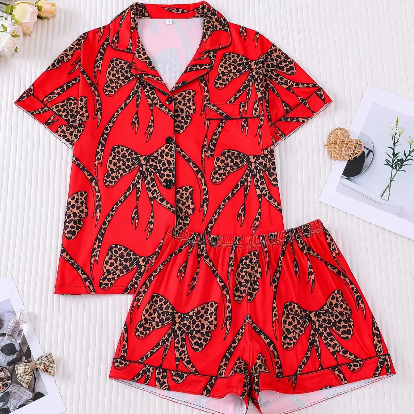 

Ins style Edgy Leopaed Bow Women's Sleepwear Set 2Piece Red Print Lapel Coller Short Sleeve Shorts Casual Daily Home Wear