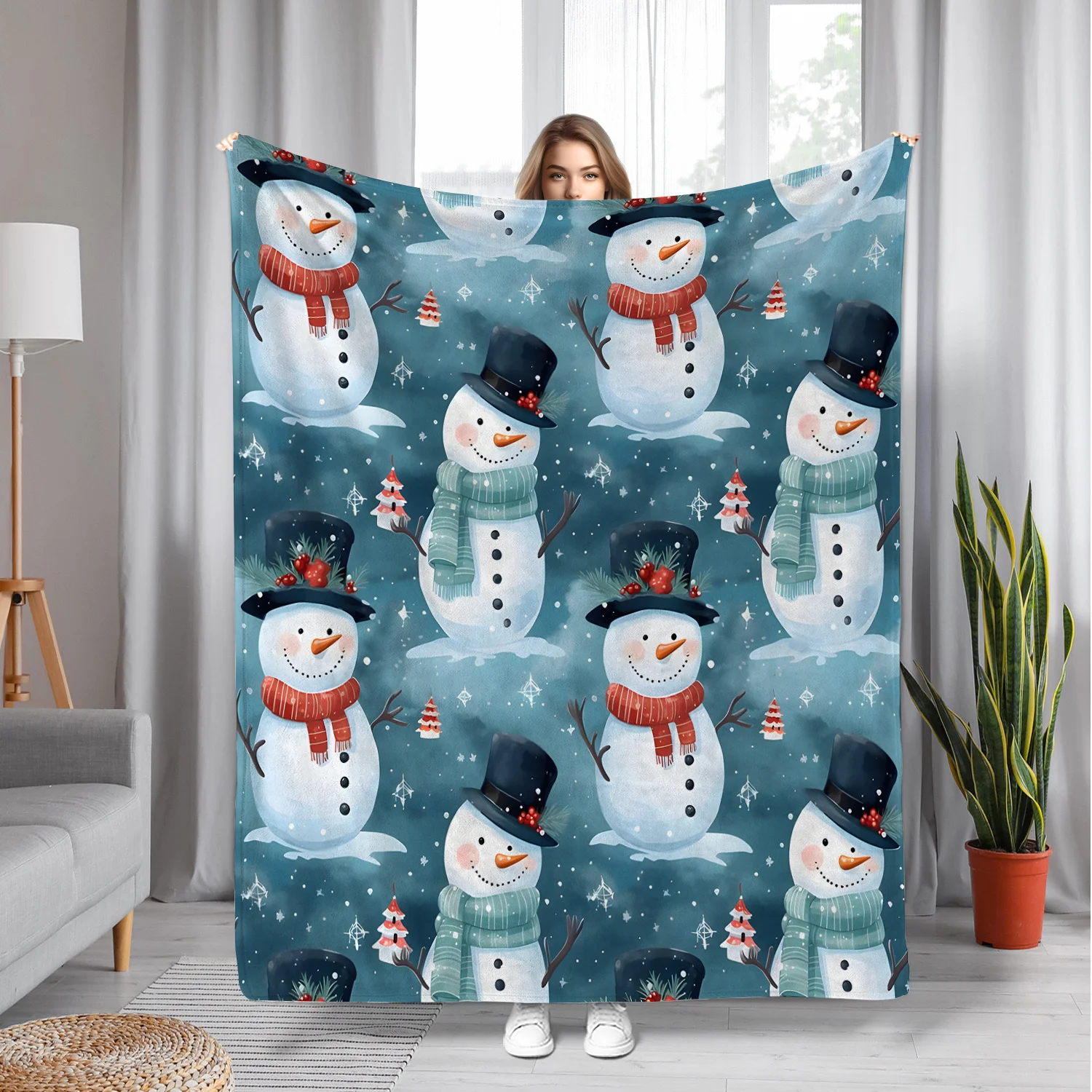 Snowman Christmas Hat Scarf Winter Festival Blanket for Holiday Seasonal Character Print Throw Soft Fleece Wrap