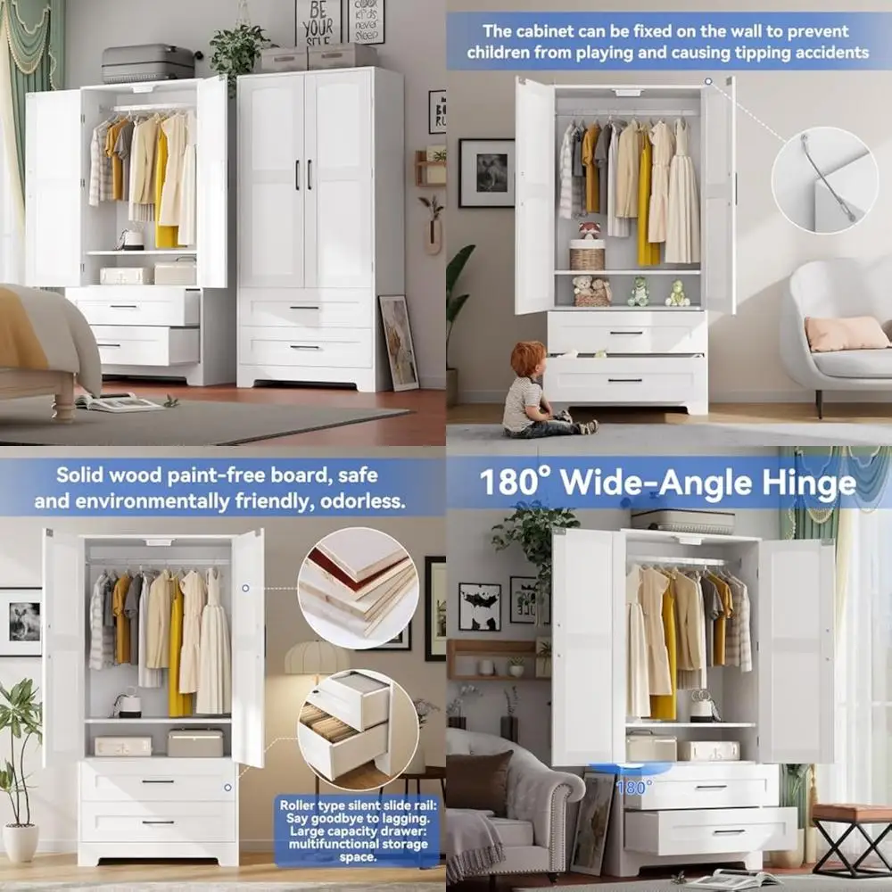 Freestanding Wooden Closet with Drawers and Shelves for Bedroom Clothing Storage