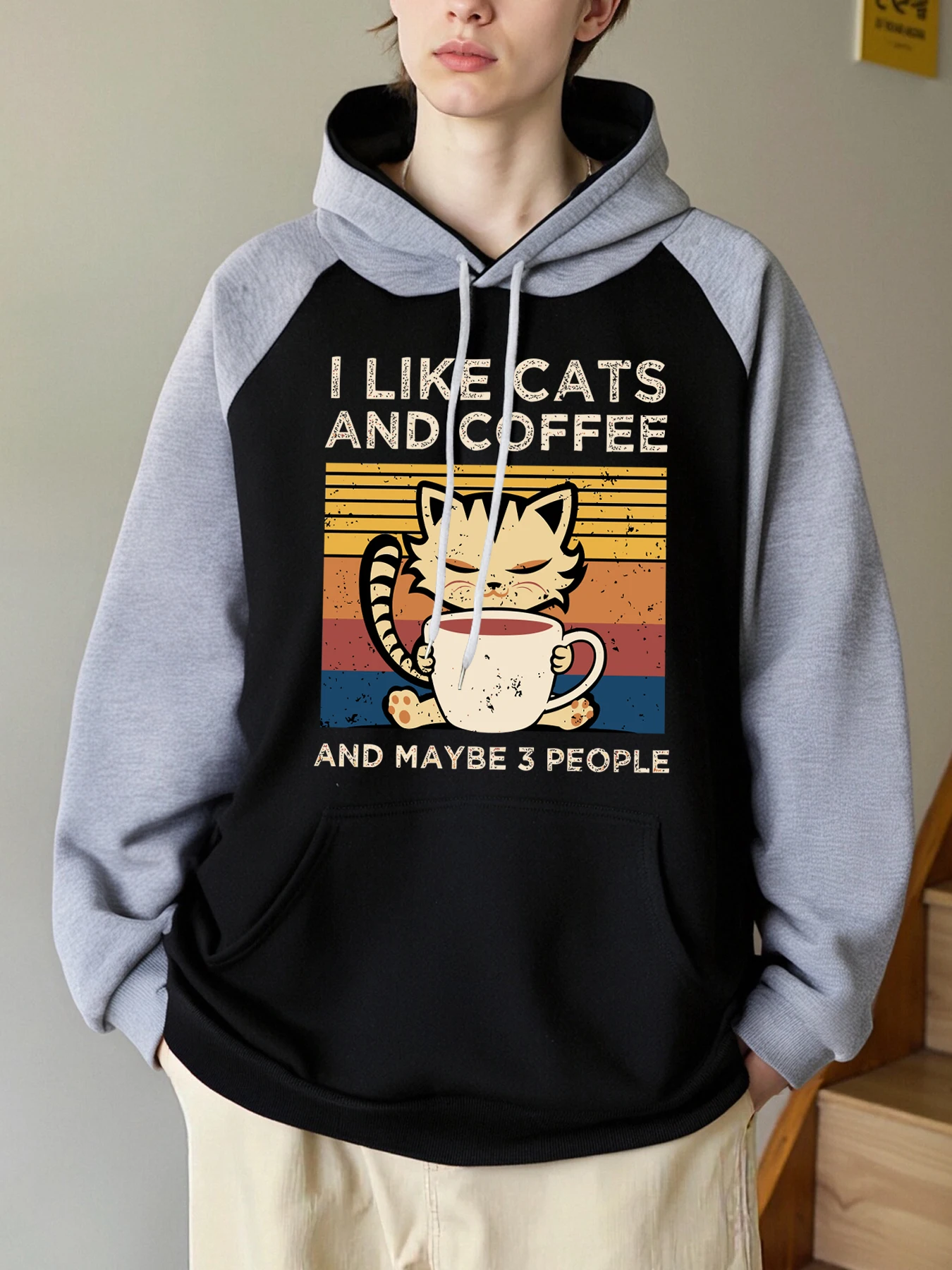 Die süße Katze trinken Kaffee Druck Raglan Hoody Männer Fleece Casual Pullover Herbst Y2K Hoodies Hip Hop Tasche Kleidung All-Match