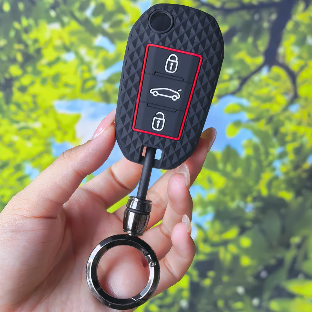 Grippy Red Accent Diamond Grain Key Cover With Keychain For Peugeot 208 2008 308 3008 508 408 4008 Citroen C3 C4 C5 C6 C8