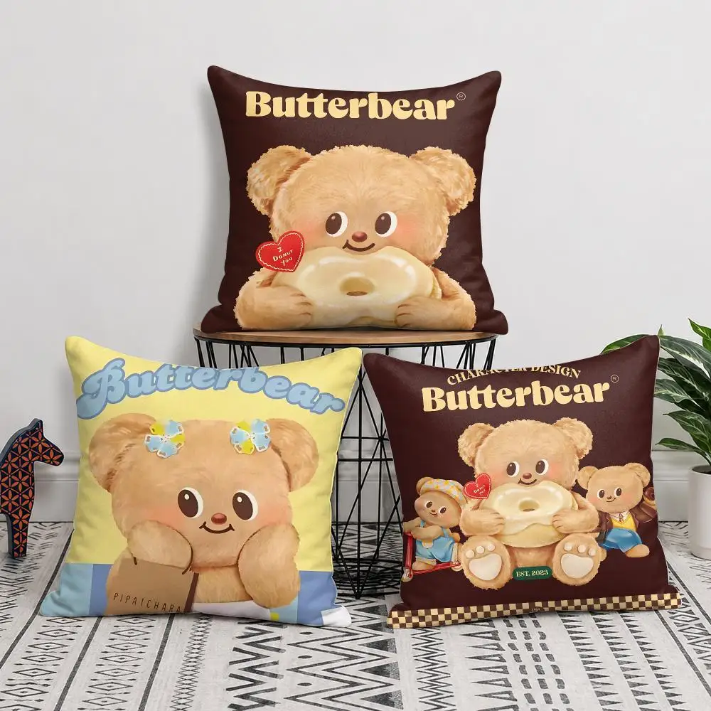 B-Butter Bear Cute Anime Cushion Cover Silky Short Plush Invisible Zipper Dustproof Sofa Pillow Case For Home Decor