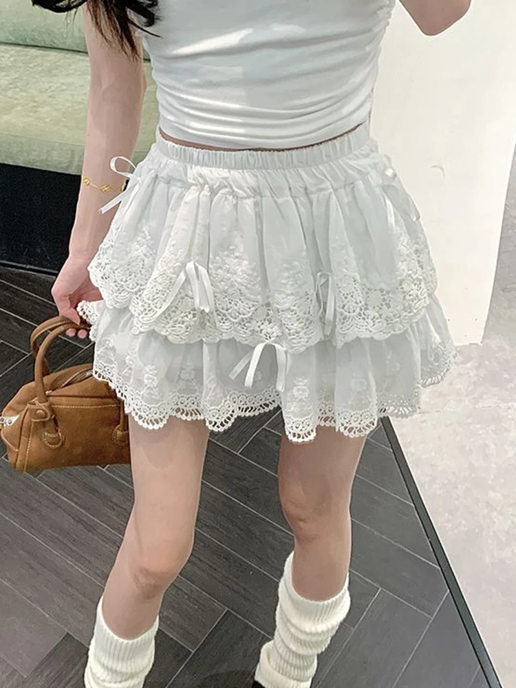 Zoki Cute Bow White Skirts Women Sweet High Waist Lace Patchwork Mini Skirt Korean Fashion Preppy Style Lady Elegant Cake Skirts