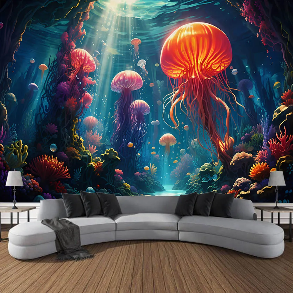 Underwater creature tapestry, astronaut jellyfish, fantasy, home art decoration, neon galaxy space, Kawaii room wall decoration