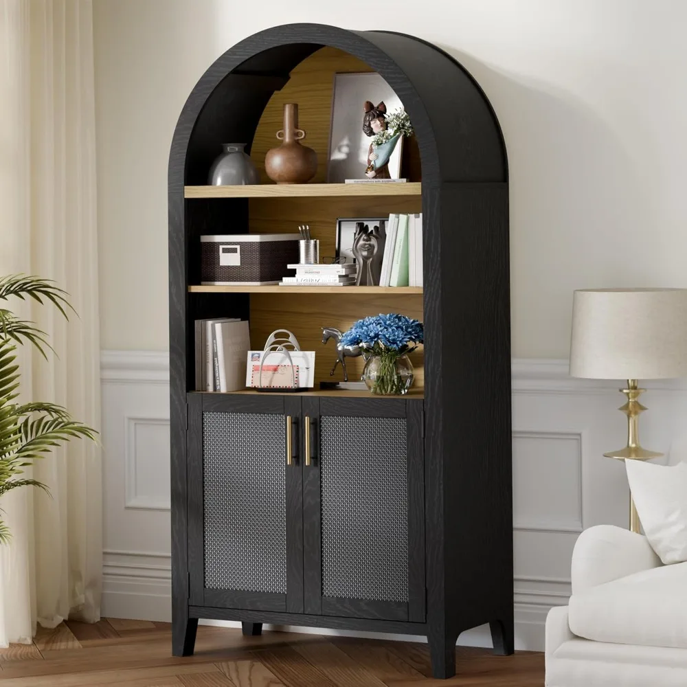 

63” Display Cabinet with Beech-Wooden Door, Adjustable Shelf, Anti-Tipping Device, Arched Rattan Storage Display Cabinet