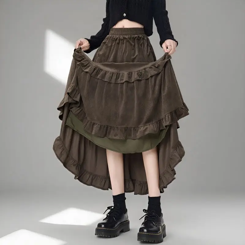 

Women's Autumn and Winter New High-waist Ruffle A-line Midi Skirt