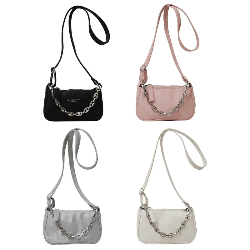 Bolso hombro con cremallera color sólido para mujer bolso axila cuero PU con cadena metal