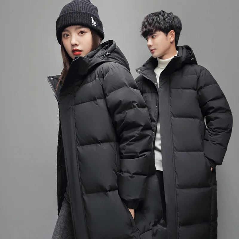 White Duck Down Puffer Jacket Men\'s Down Jackets Women Winter Couple Outfit Warm Parka Hooded Thicken Overcoat Long Knee Length