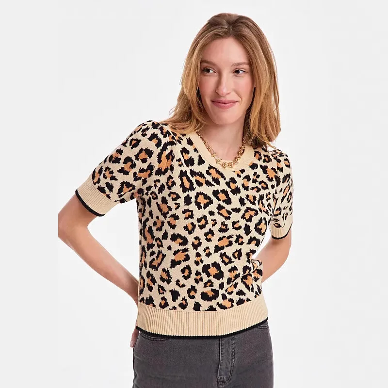 2025年レディース新作 レオパード柄ニットセーター ラウンドネック 半袖 プルオーバー Tシャツ カジュアル ストレッチトップス ファッション Y2Kスタイル