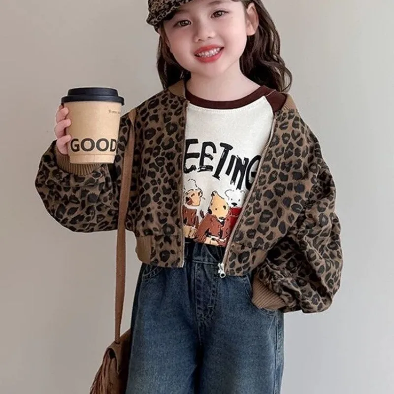 

Girls' Jacket Spring and Autumn New Style Children's Western Leopard Pattern Jacket Baby Short Casual Coat