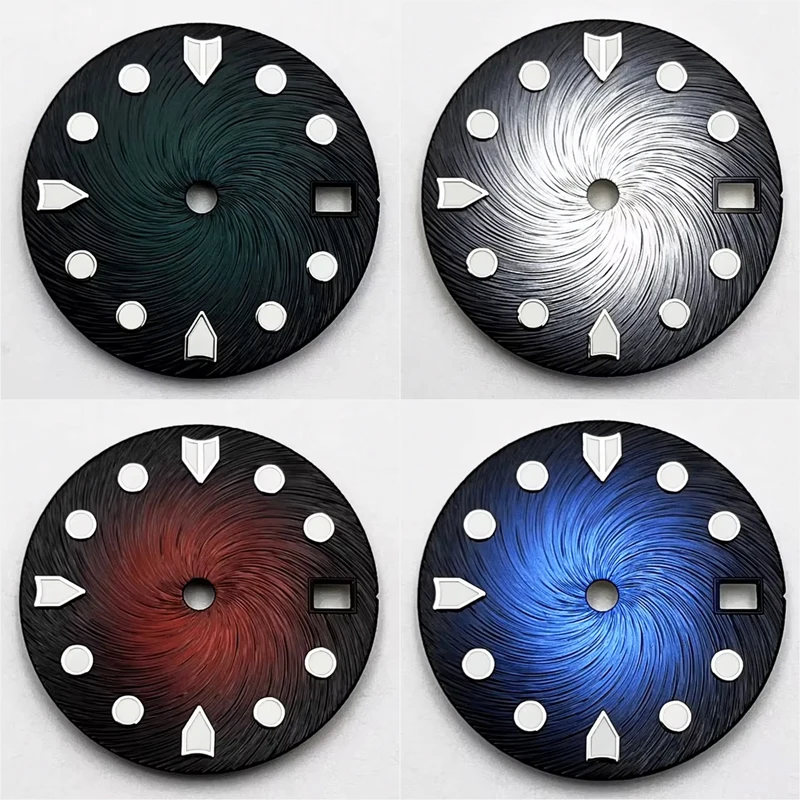 

Циферблат часов 28,5 мм для механизма NH35 NH35A, зеленый светящийся цветной градиентный циферблат, подходит для коронки на 3 часах, коронки на 3,8 часах