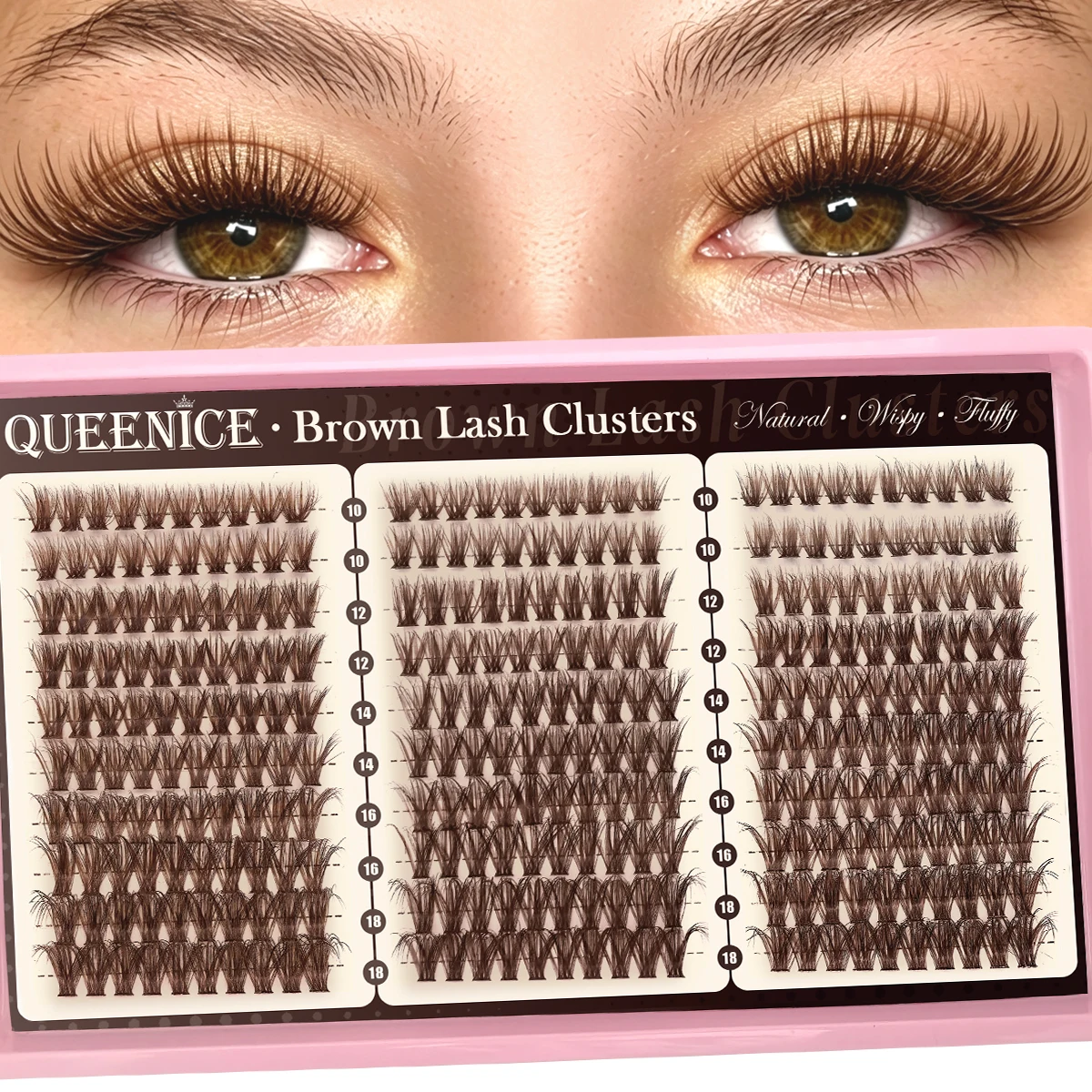QUEENICE Weiches Braunes Wimpern-Cluster-Set, Gemischte Längen 10-18mm, Natürliches Volumen, Flauschige Manga-Wimpern, Hohe Kapazität, Hochzeitsgeschenk für Damen – Detail 1