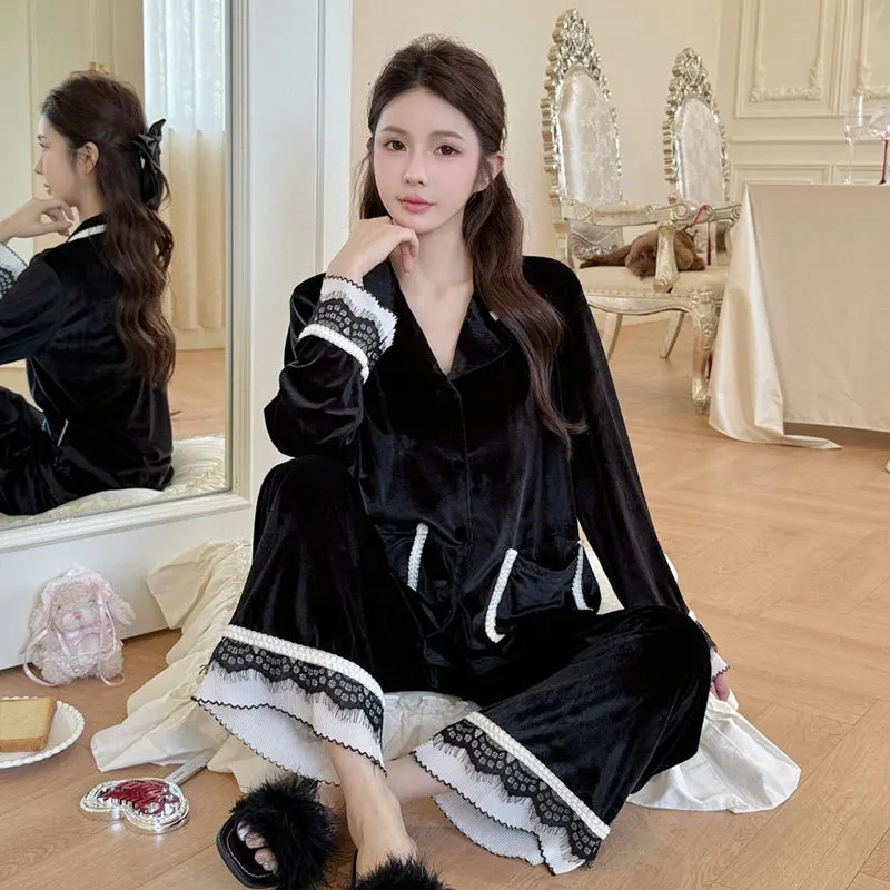 Velvet Pajamas Set Sexy Home Clothes Women Sleepwear Pyjamas Femme Black Top Pants Can Be Outwear Pijama Mujer
