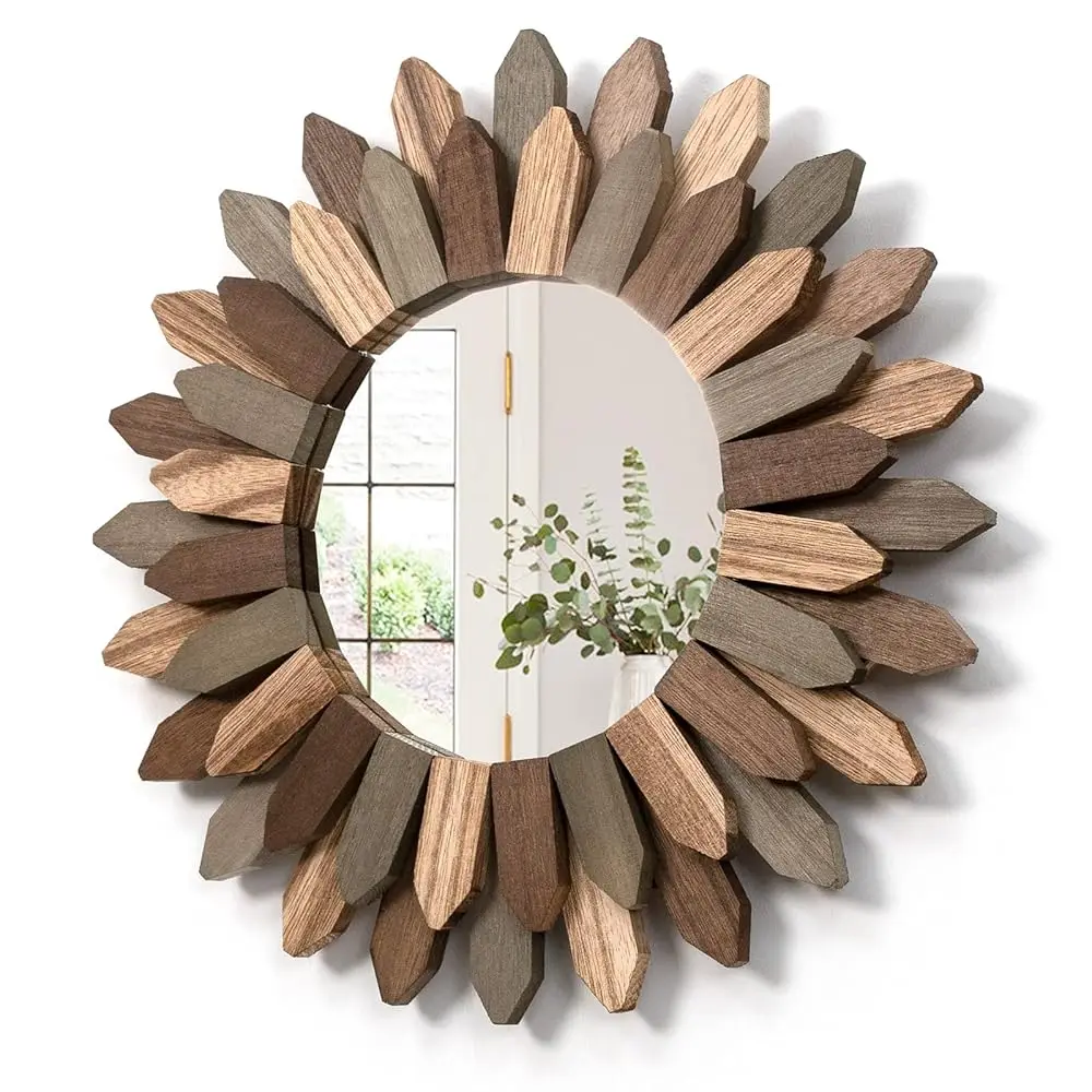 

Boho Wall Decor 12 H Decorative Mirror With Rustic Wood Sunburst Frame, Perfect For Bedroom, Living Room, Bathroom, Kitchen